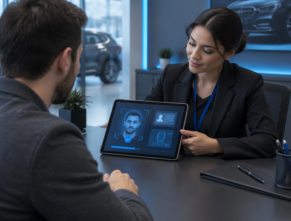 Dealership staff reviewing an identity check on a tablet